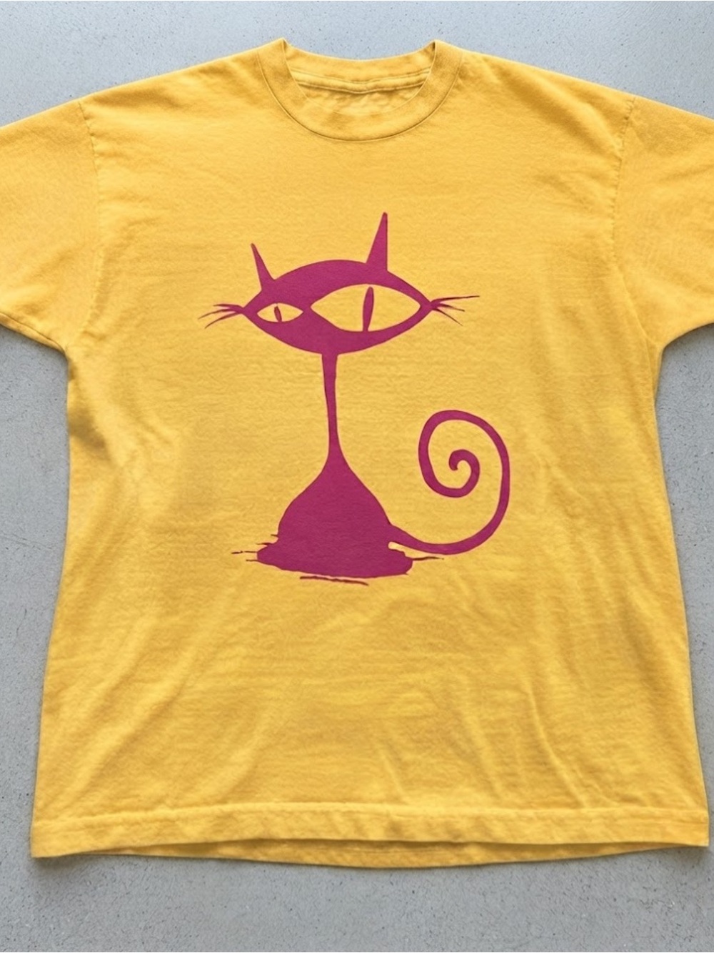 Mustard Yellow Whimsical Cat Graphic Print Cotton Gildan T-Shirt